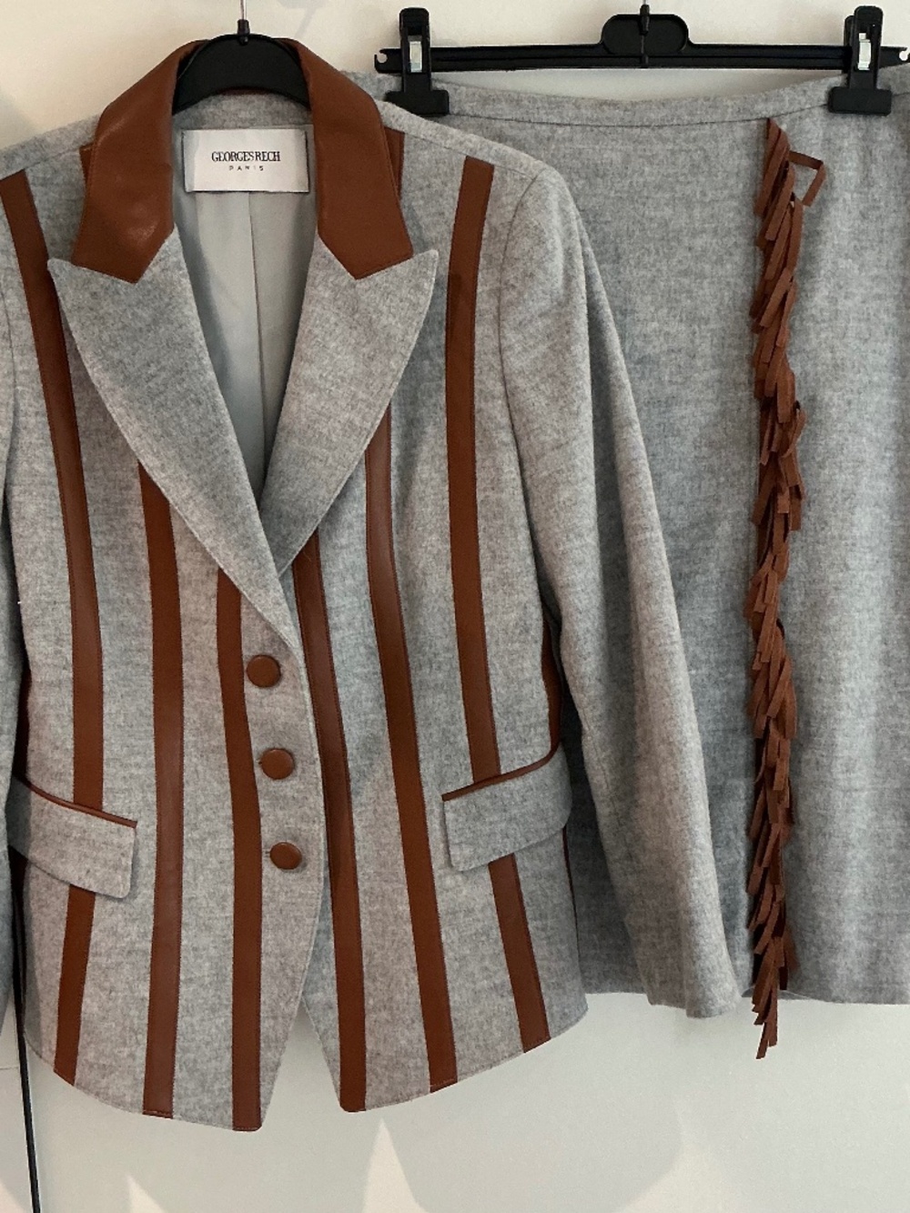 Vintage Georges Rech Paris wool Blazer Jacket & Fringe Skirt Set size 40